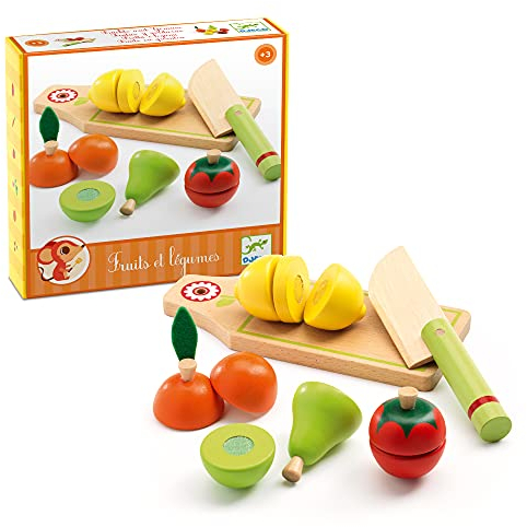 Djeco Planche à découper en Bois avec Couteau, Fruits et légumes