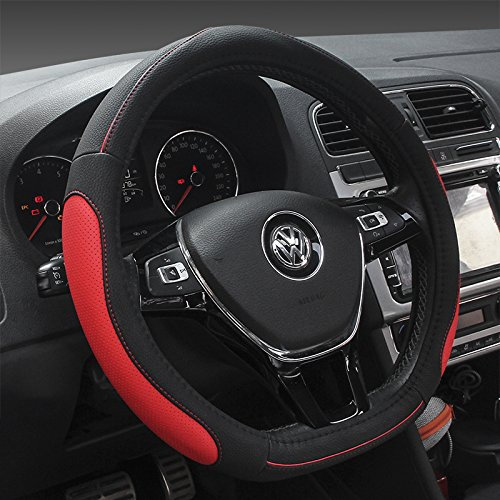 HONCENMAX D Type Steering Wheel Cover - Flat Bottom Car Steering Wheel Protector for Men Women D Cut Shaped Diameter 38cm(15) PU Leather Red