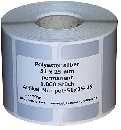 Typenschilder/Polyester Etiketten - 51 x 25 mm - 1.000 Stück - silber - Hülse 25 mm