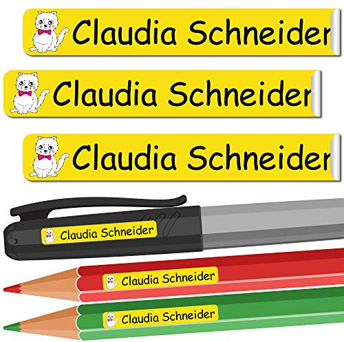 INDIGOS UG - Namensaufkleber Kinder Schule - 49x7 mm - personalisierbar - 088 - Katze - 88 Sticker - Namensschilder personalisiert - Aufkleber selbst gestalten - Stifte, KITA, Federmappe
