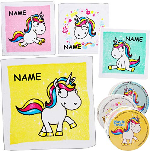 alles-meine.de GmbH 10 Stück magische Waschlappen/Handtücher - Zauberwaschlappen - Einhorn - Tiere - inkl. Name - Frottee aus 100% Baumwolle - 30 cm * 30 cm - Magic Towel - ..