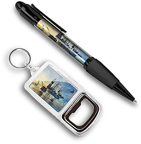 Pen & Bottle Opener Keyring Set - Offshore Gas Oil Platform #15671