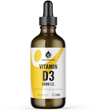 Kräuterland Vitamin D3 Tropfen 5000 I.E. - 50ml Cholecalciferol - vegetarisch, hochdosiert und rein - Made in Germany