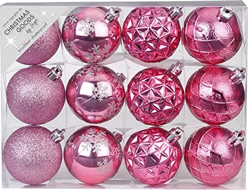 Weihnachtskugeln Kunststoff 6cm x 12 Stück Set mit Muster Mix Christbaumkugeln pink