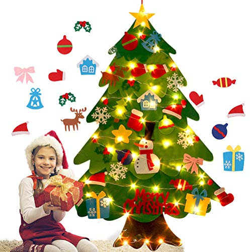 DIY Felt Christmas Tree, Felt Decorations Tree Set with 31pcs Ornaments Flat Christmas Tree with LED lights Xmas Gifts for Kids New Year Door Wall Window Hanging Decorations