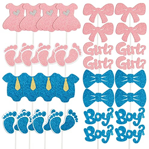 BETESSIN 32 Pcs Boy or Girl Cupcake Toppers Glitter Paper Set Onesie Jumpsuit Cupcake Pick Sticky Footprint Cake Toppers for Kids Baby Shower Birthday Gender Reveal Party Cake Decorations Supplies