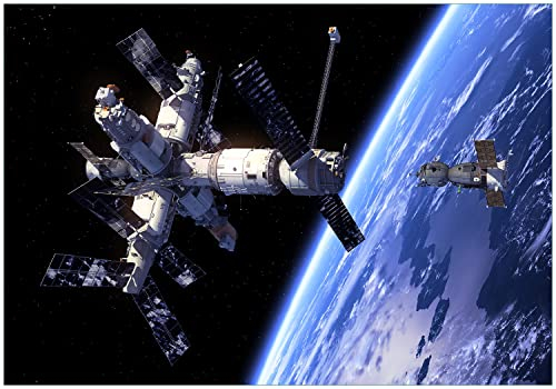 Wallario Vliestapete Fototapete Raumfahrt - Raumstation und Raumschiff im Weltall - Wandtapete Größe: 350 x 245 cm