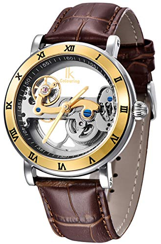 Alienwork IK Automatikuhr Armbanduhr Herren Damen Silber Lederarmband Braun Skelett Glasboden