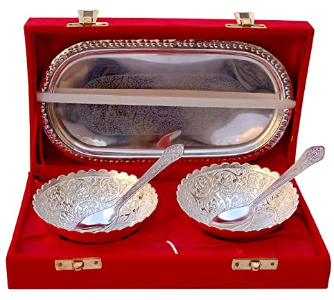 Purpledip Metal Bowl Spoon Serving Set of Two in A Tray: for Dry Fruits, Sweets Or Candies, Silver Finish (12533A)