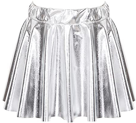 Agoky Kinder Wetlook Leder Rock Mädchen Metallic A-Linie Skater Skater Plissee Rock Minirock Tanzrock Gr.92-176 Silber G 164-170