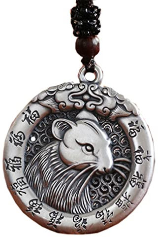 PAURO Homme Femme Collier Pendentif Chevalière du Zodiaque Chinois Rétro avec Chaîne Amulette Bijoux Rat