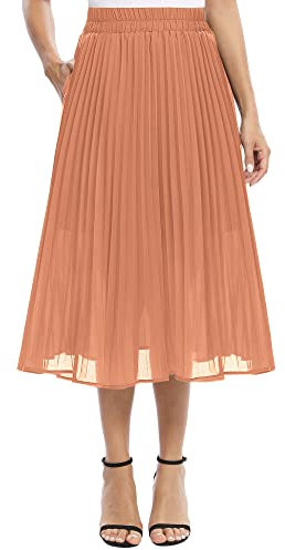 EXCHIC Femmes Décontractée Mousseline de Soie Élastique Taille A Ligne Plissé Midi Jupe avec Poche (XL, Rouge Saumon)
