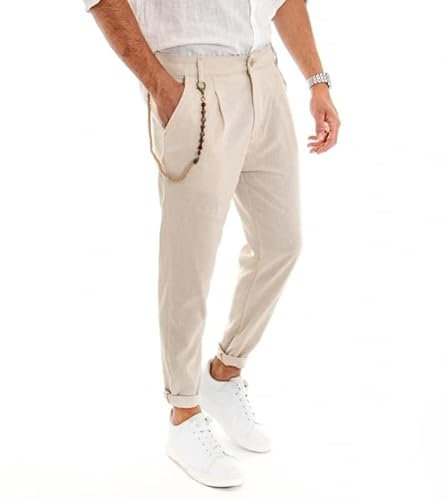 Giosal Pantalon homme lin uni chaîne sac élégant couleurs différentes, beige, XXL
