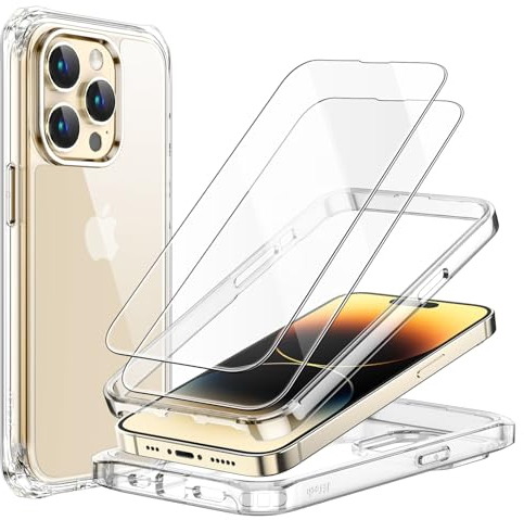 JETech Case for iPhone 14 Pro 6.1-Inch with 2-Pack Tempered Glass Screen Protector, 360 Full Body Shockproof Bumper Phone Cover Protective Clear Back (Clear)