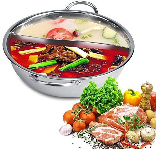 Pentola Calda in Acciaio Inossidabile con Divisorio, Pentola Calda Antiaderente Spessa, Pentola per Zuppa a Due Sapori con Manico Cavo, Fornello a Induzione, Frunace a Gas e Fuoco a Legna(31 cm)