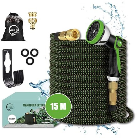 GREENGOF Manguera de Jardín Premium 15 Metros - Boquilla de Pulverización de 10 funciones, Ligera y Extensible - Conectores de Latón y Alta Resistencia con Núcleo de Látex - Color Verde.