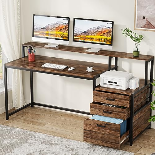 Tribesigns Escritorio con cajones, mesa de ordenador con soporte para monitor, 160 x 50 x 90 cm, mesa de oficina ergonómica, escritorio con espacio para impresora, mesa de ordenador, escritorio para