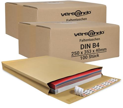 versando 200x B4 Faltentaschen 4cm Falte ohne Fenster (250x353x40 mm) | Versandtaschen Bodenfalte haftklebend braun