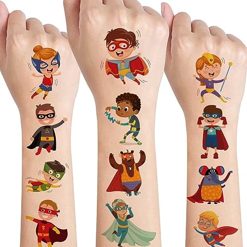 Superhelden Tattoo Kinder Jungen Mädchen,10 Blätt Hautfreundlich Kinder Tattoo Cartoon Superman Tattoos Sticker Wasserfest Kindertattoo,Mitgebsel Kindergeburtstag Gastgeschenke Festival Party Deko