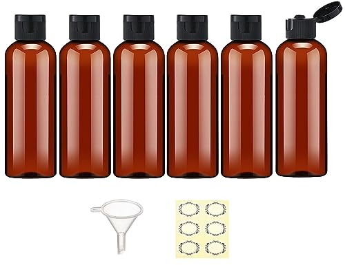 Apstaqeoo 6PCS 100ML Plastic Travel Bottles with Flip Cap Empty Squeeze Bottle Brown Refillable Travel Container with 1 Funnel & 6 Labels TSA Approved for Liquids Lotion Shampoo Toiletries Cosmetic