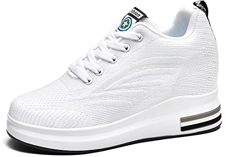 JAOOUU Damen Sneaker Wedges mit Keilabsatz Freizeitschuhe Atmungsaktiv Turnschuhe Sportschuhe Laufschuhe Running Fitness Mode Bequeme Schuhe Weiß 37EU