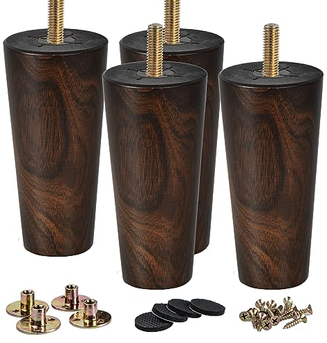 La Vane 5 inch Wooden Furniture Legs, 4PCS Soild Wood Tapered Replacement Bun Feet with Pre-Drilled M8 Inch Bolt & Mounting Plate for Couch Sofa Cabinet Ottoman