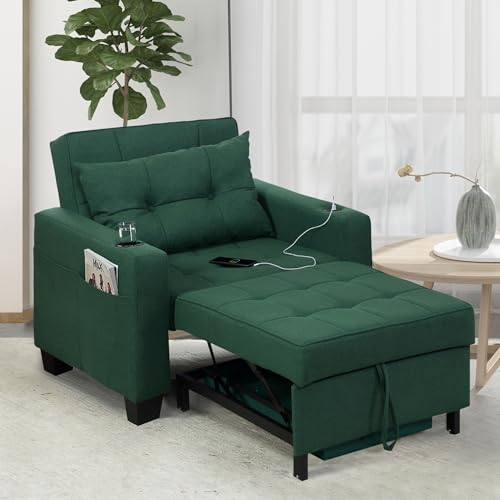DURASPACE Forest Green Linen Modern Recliner Adjustable Backrest Armchair Sleeper Chair Bed With USB Port, Cup Holder, Side Pockets, Bottom Storage Basket For Home Living Room