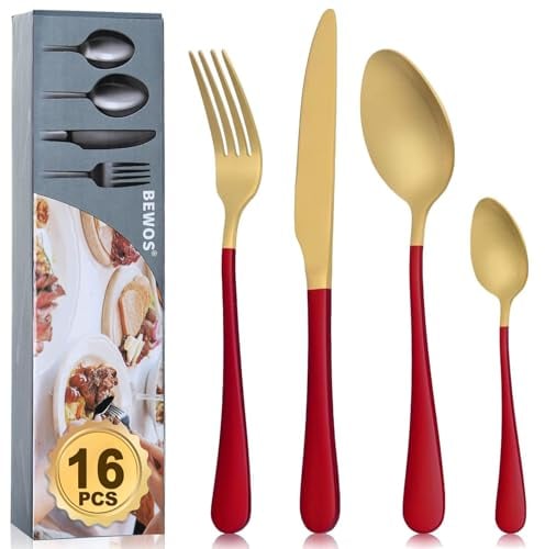 BEWOS 16 Pieces Gold and Red Cutlery Set for 4, Food Grade Stainless Steel Tableware Includes Forks, Steak Knives and Spoons, Dishwasher Safe, Silverware Set, Upgraded Mattgold Colorful Design