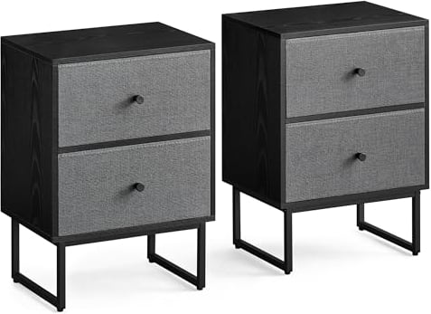 VASAGLE Mesitas de Noche, Juego de 2, Mesas Auxiliares con Almacenamiento, 2 Cajones Extraíbles de Tela, para Dormitorio, Salón, Negro Ébano y Gris Pizarra LGS229B56