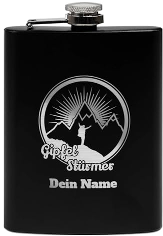 PR Print Royal Flachmann mit Gravur aus Edelstahl selbst gestalten - Gipfel-Stürmer - mit Name gravieren - Geschenk Wandern Skifahren - Praktische Taschengröße | Schwarz, 226 ml