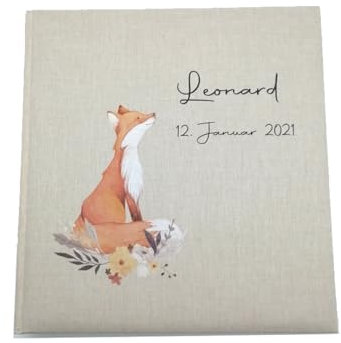 Tenii® Fotoalbum personalisiert Baby, Kind Fuchs Leinen, Erinnerungsalbum (30x31cm - 100 Seiten)