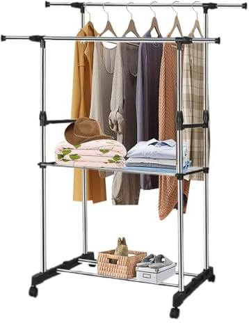 Shoze Kleiderstange Kleiderständer auf Rollen Metall Rollgarderobe Garderobenständer Ausziehbar Breite 92-146cm Höhe 94-160cm Garderobenstange für Schlafzimmer Schwarz