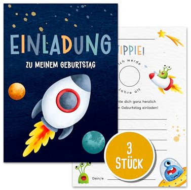 3er-Set Rakete Einladungskarten für Kindergeburtstag | Umweltfreundliche A6 Partyeinladungen | Einzigartige Weltall-Themenparty | Geburtstagsfeier für Jungen und Mädchen (3 Einladungen)