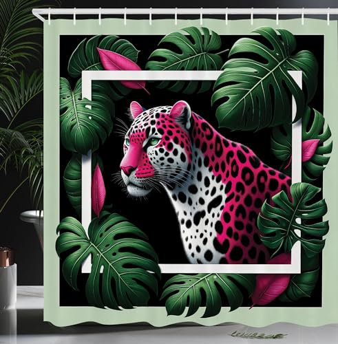 ABAKUHAUS Leopard Duschvorhang, Tropischer Dschungelrahmen aus abstraktem farbigem Wildkatzen Monstera Blättern, Stoffliches Gewebe mit Haken, 175 x 200 cm, Smaragd Magenta Schwarz