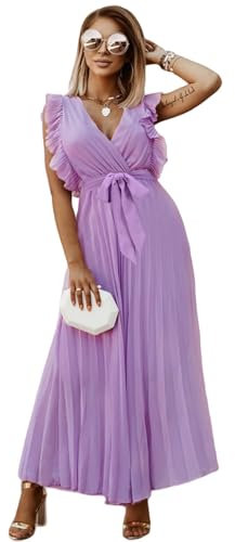 HEYPORK Damen Frühling Sommer Kleider Bequem Lässig Kleid Mode Elegant Röcke Frauen Temperament Langes Kleid Geraffte Ärmel Chiffon Faltenrock Feste Farbe Kleider(Lila, XL)