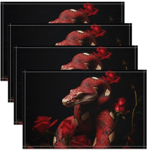 Set Von 4 Kinder Jungen Schlange 45Bx30L Platzmatten Rote Schlange Tischsets Für Erwachsene Teens 3D Reptil Tischmatten Rosa Rose Floral wasserdichte Tischsets Für Esstisch,Hitzebeständig