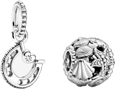 PANDORA Glückshufeisen Charm-Anhänger + Offen gearbeitetes Seestern, Muschel und Herzen Charm aus Sterling Silber mit Zirkoniasteinen verziert, SET799157C01+798950C00