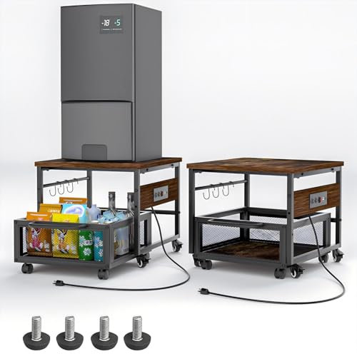 Mini Fridge Stand with Storage and Wheels, Heavy Duty Mini Fridge Table with Outlets for 150lbs Refrigerator, Fridge Cart with Drawer Large Capacity for