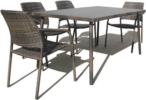 Patio Dining Set 5 Piece - Outdoor Wicker Garden Furniture with 120X84 CM Rectangular Table & 6 Rattan Chairs, Weatherproof 4 Seaters