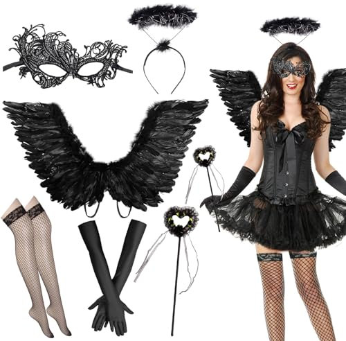 Alas de Angel, Disfraz Halloween Mujer Angel Negro, Alas Negras Disfraz Mujer, Alas Ángel Negro Halo Diadema, Alas Negras Disfraz Mujer, Disfraz Halloween Mujer Angel para Carnaval, Cosplay