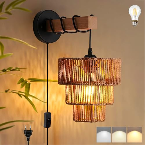 Vintage Innen Wandleuchte Boho Holz Wandlampe mit Schalter und Stecker 3 Farben Einstellbar E27 Retro Nachttischlampe mit Hanfseil Lampenschirm für Wohnzimmer Schlafzimmer Treppen Flur Nachtlampe