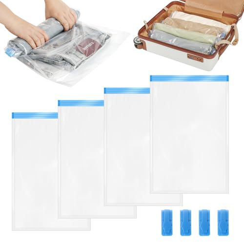 4Pcs Reusable Roll Up Compression Bags, Space Saving Storage Packing Bags, Luggage Packing Vacuum Bags, Space Saver Clothes Bags with 4 Sealing Clips, Travel Vacuum Storage Bags for Blanket Towel