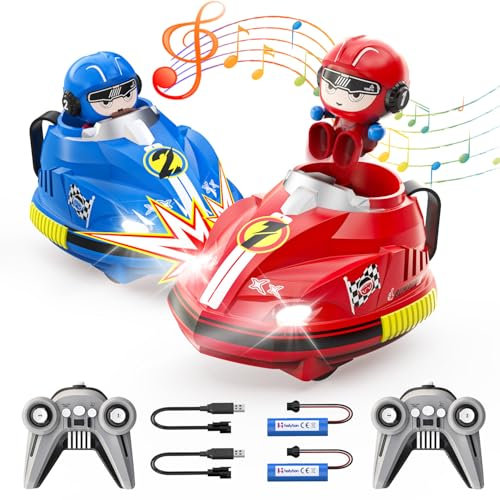 Holyton 2 Pack Remote Control Bumper Cars Age 3+ with Ejecting Drivers, Toys for Kids Ages 6-12, 2.4GHz RC Cartoon Race Car with Light & Music, Christmas Birthday Gifts for Toddlers Boys and Girls