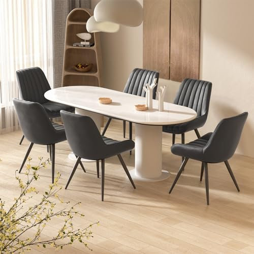 Hawthyhome Esszimmerstühle 6er Set | Polsterstühle mit 5 cm Sitzkissen • künstlicher Stoff Dining Chair • Küchenstuhl mit Rückenlehne • Moderne Sessel • Metallbeine • Schwarz FU01043BL-6