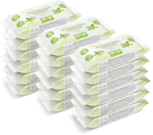 by Amazon Fresh Baby Feuchttücher, Hergestellt aus 100 % pflanzlichen Fasern, 1080 Tücher, 18er Pack (18 x 60 Stück)