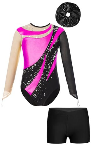 Xnihocha Mädchen Gymnastikanzug für Kinder Langarm Turnanzug Ballettanzug mit kurzer Hose Haarband 3-teiliger Tanz Outfits Hot Pink & Schwarz 146-152