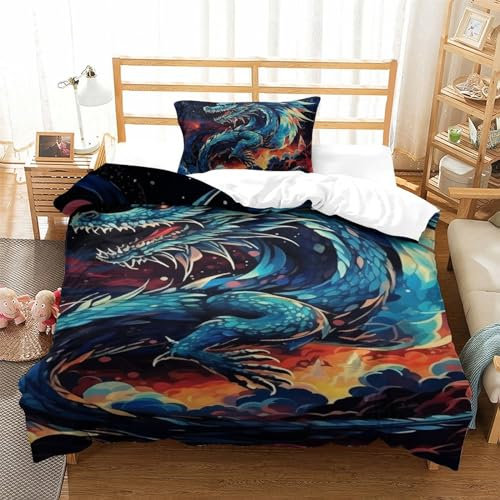 KKLOSDXERT Drache 3D Bettbezug Set Mit Reißverschluss,Bettwäsche Sets Geschenke Für Kind Single(135x200cm)