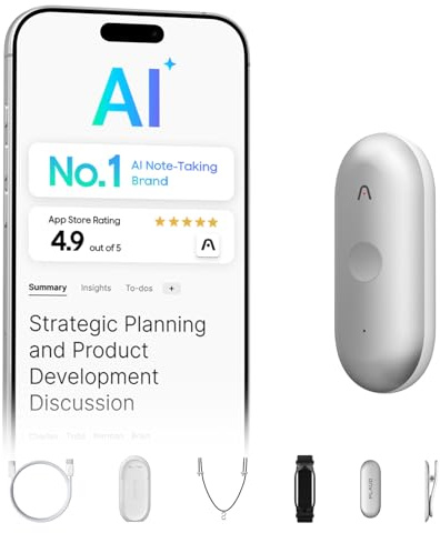 Plaud NotePin S Wearable AI Voice Recorder Transcription & Summaries | AI Note Taker for On-the-Go Meetings, Interviews and Teams, Supports 112 Languages with 4 Accessories, Silver
