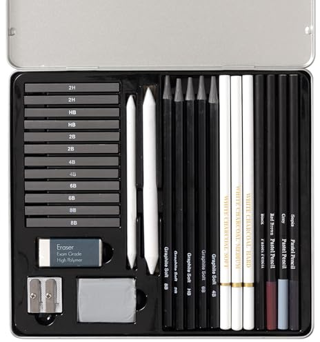 evelay Artist Drawing Set Tin Sketching Box Pencils Pastels Charcoal Graphite Sticks