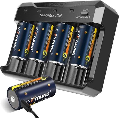Rechargeable C Batteries 4 Packs of 1.5 Volt Size C-Cell Usb Lithium 5500mWh with Universal Battery Charger for All Batteries AA AAA C D